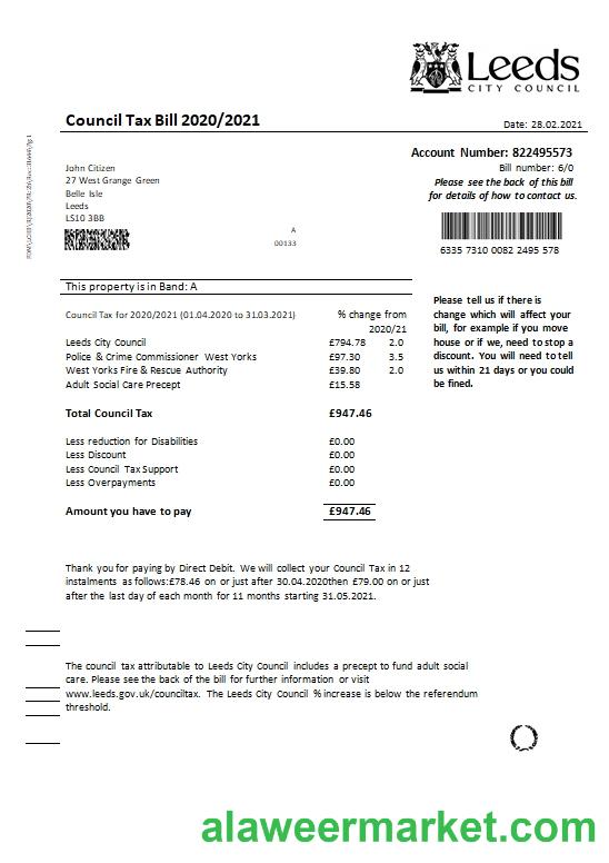 United Kingdom Leeds City Council tax bill template in Word and PDF format